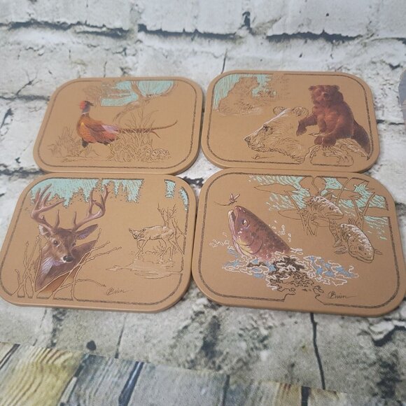 Vtg AVON Set of 4 Bar Outdoorsman Wildlife Tom O'Brien COASTERS w Felt Back NIB - Picture 2 of 8